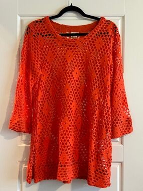 Sand & Spirit Coral Orange Crochet Swimsuit Cover Up Tunic - 3/4 Sleeve Size M